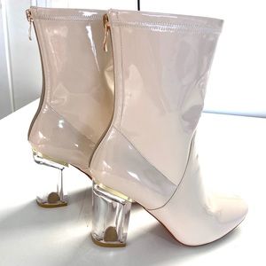 Pastel pink glossy latex clear heel boots size 6